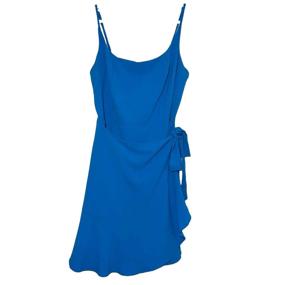 Lola Grace Blue Wrap Mini Dress Womens M Side Tie Ruffle Hem Spaghetti Strap